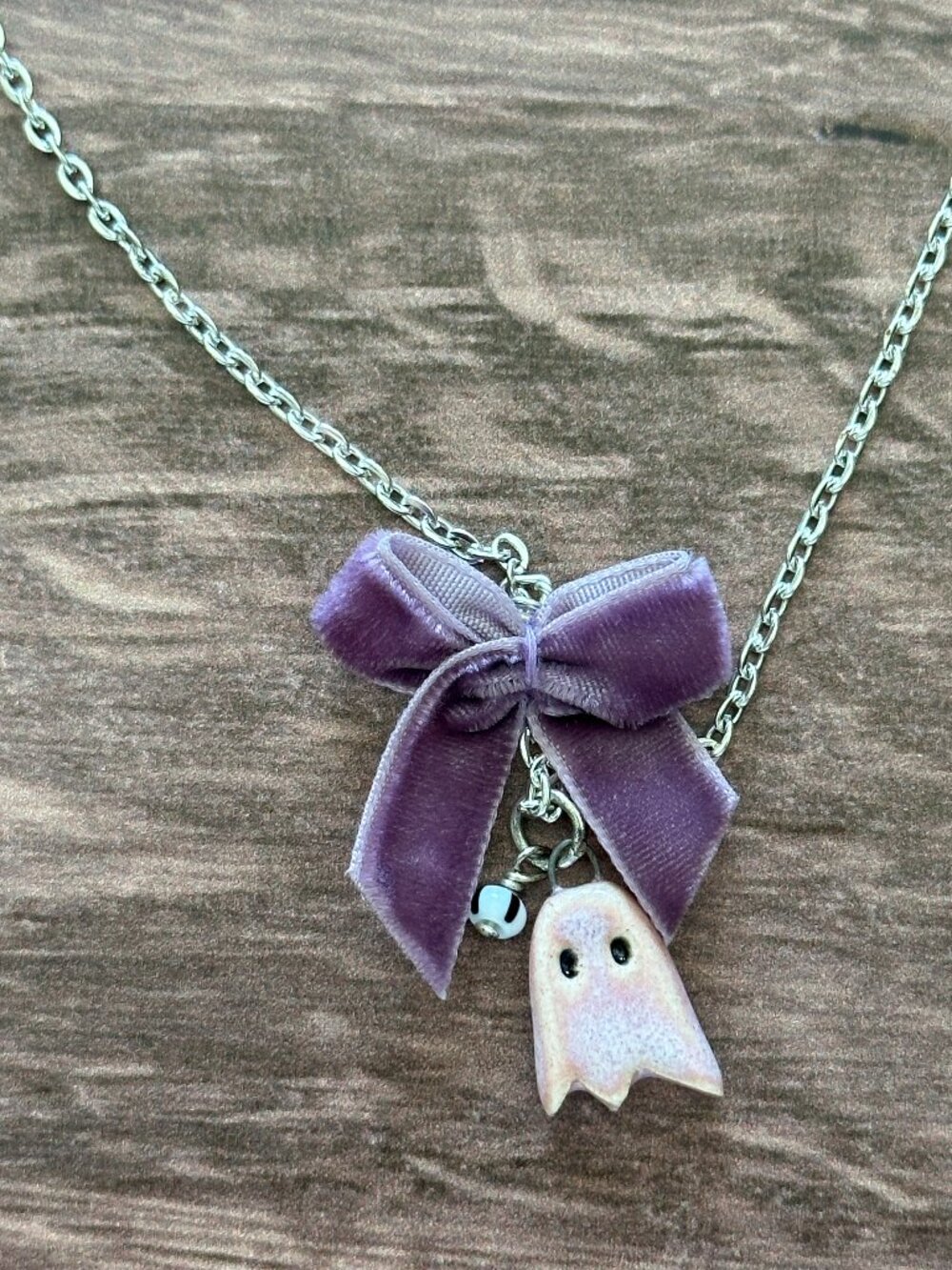 NEW Handmade Ghost Necklace-Sterling Silver, Velvet & Ceramic-Pink & Purple